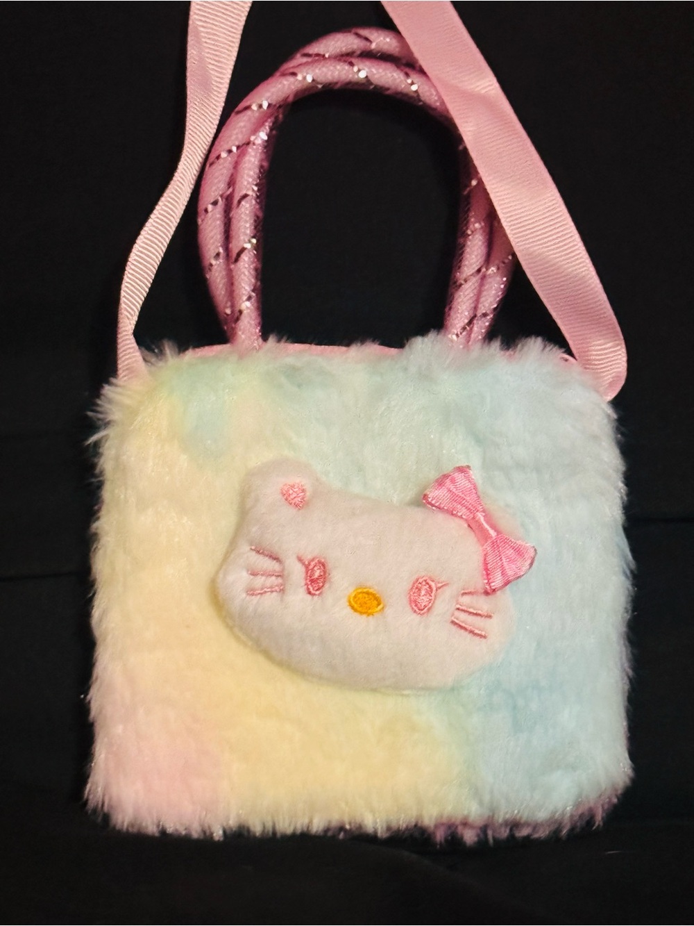 Hello Kitty- Sanrio- Mini Plush Rainbow lUnicorn Crossbody/Purse with Faux Fur